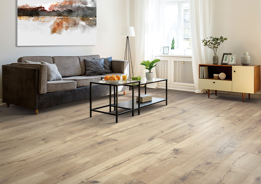 wood-look laminate flooring in living room with midcentury modern decor